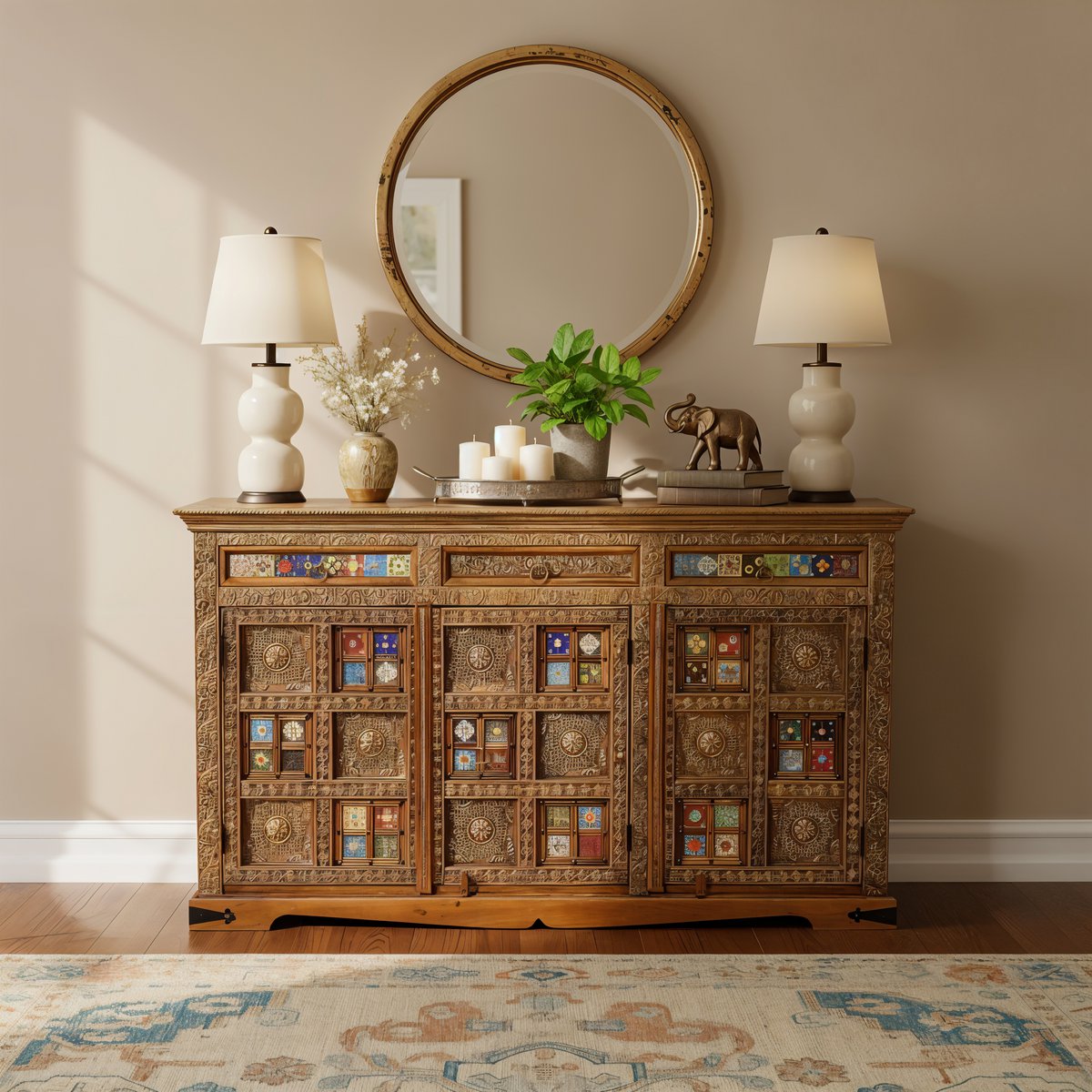 Dressoir, 3 deuren, 3 lades, acacia, metaal, kleurrijk