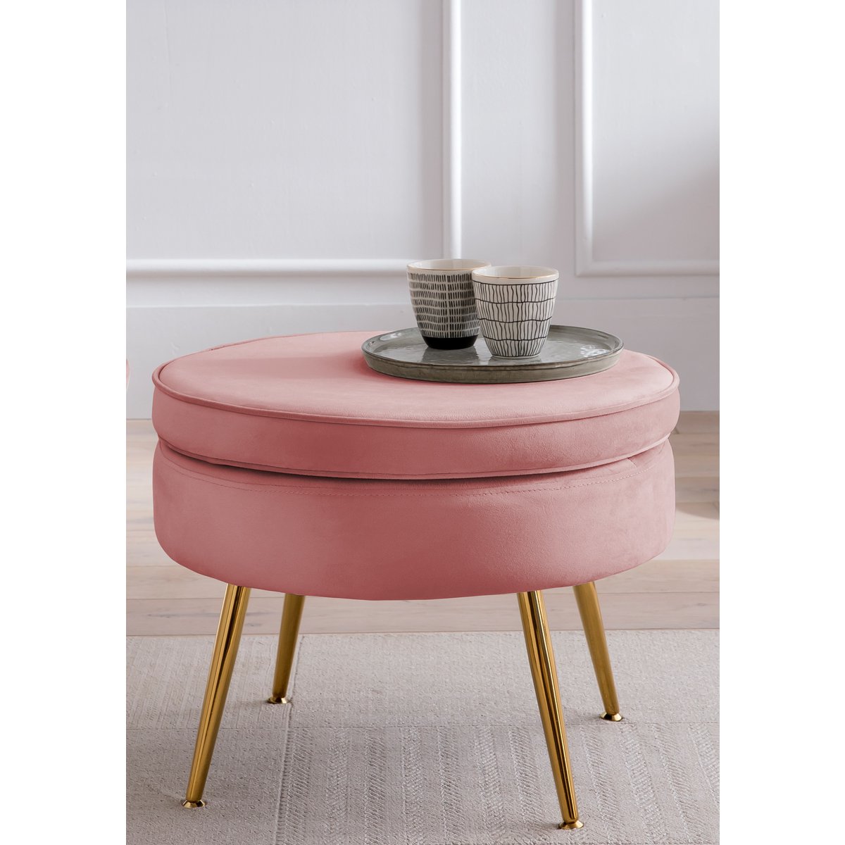 Ronde poef in roze fluweel