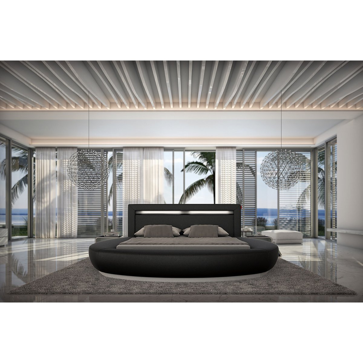 Rond bed 140x200 cm LED zwart kunstleerlook