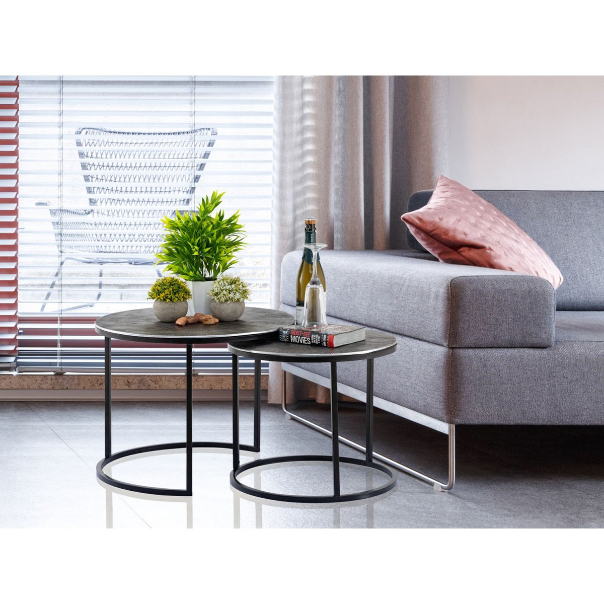 Salontafelset 2 stuks ø 55 en 45 cm bijzettafel zilver metalen tafels ronde Carlton woonkamer