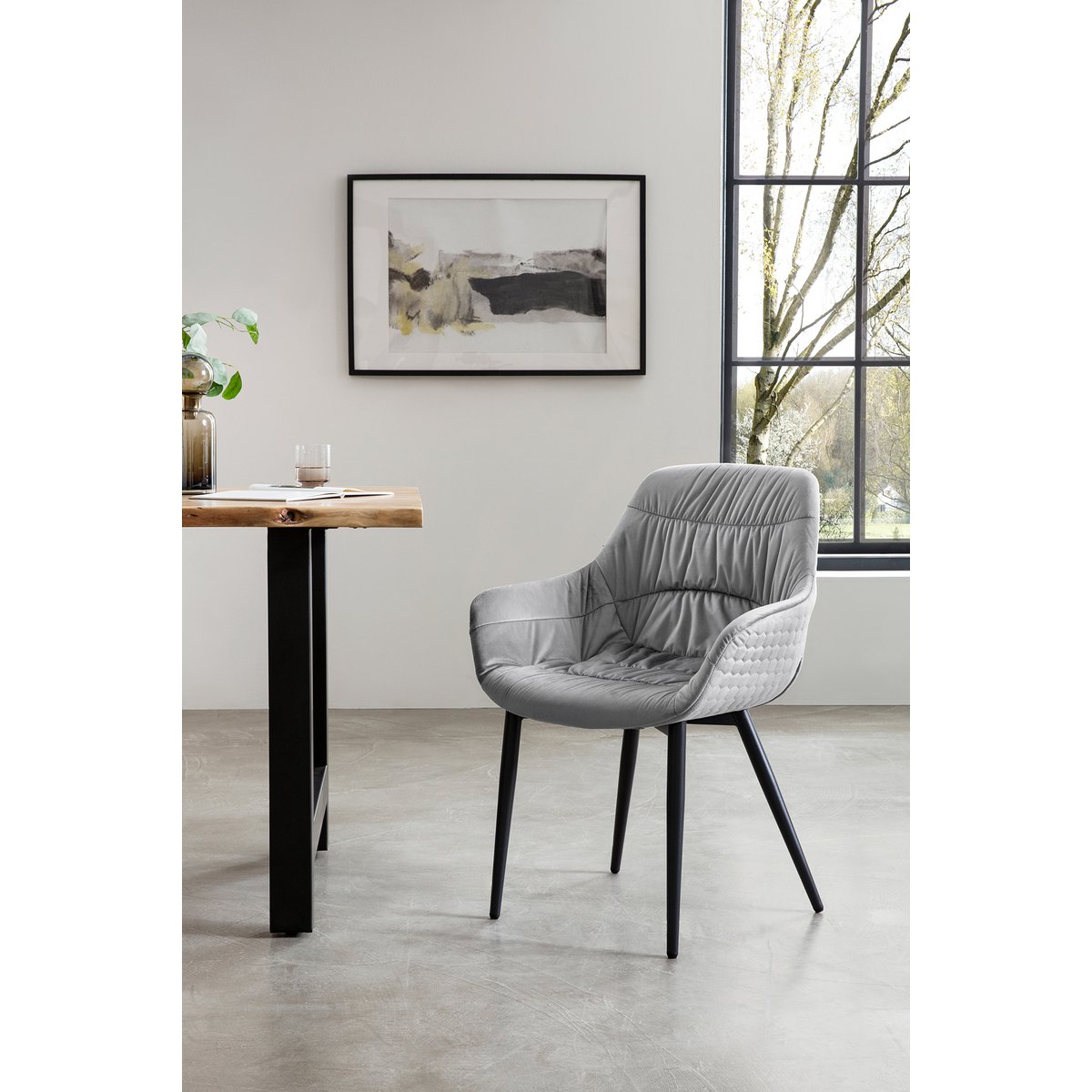 Fauteuil met honingraatstiksel in lichtgrijs fluweel
