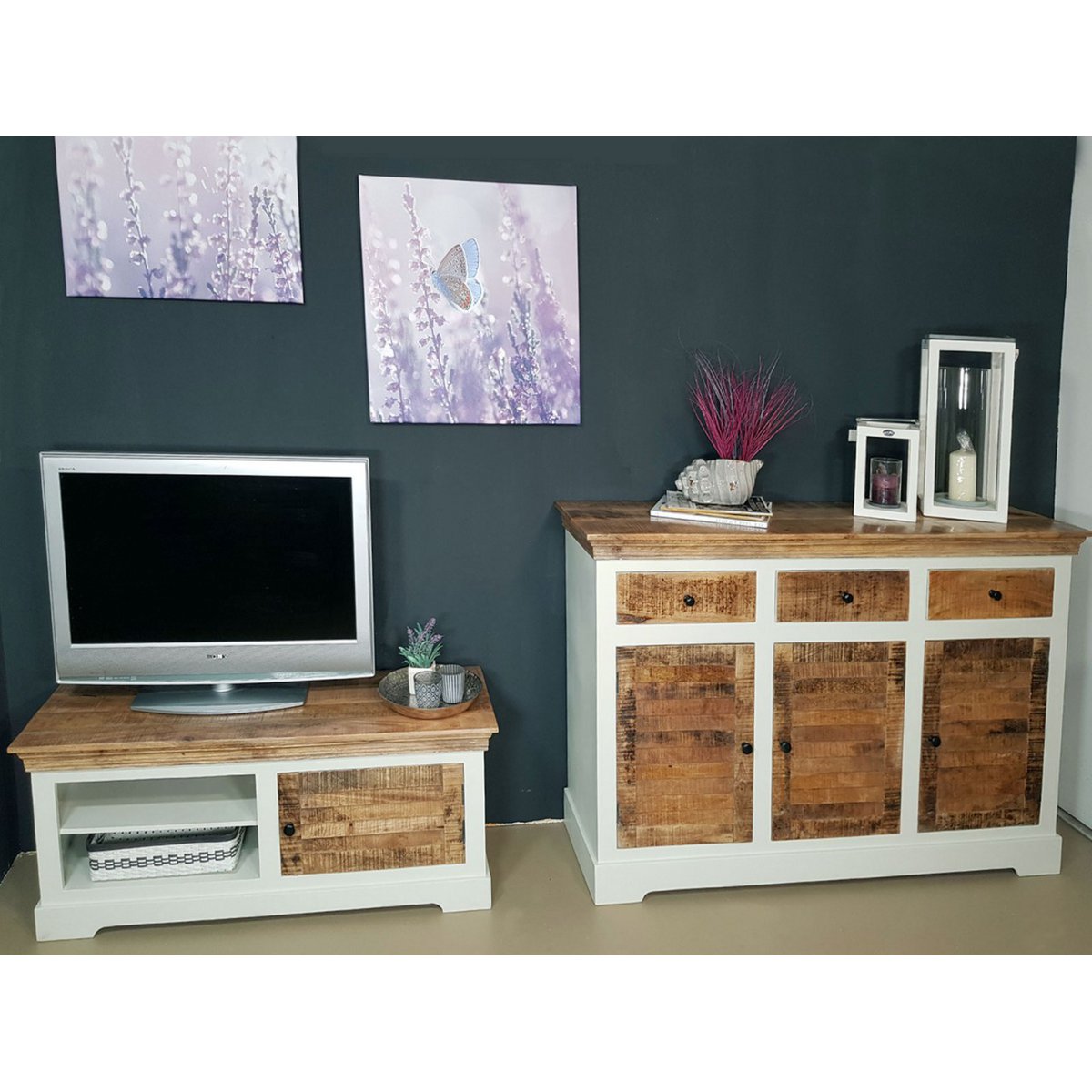 TV-lowboard TV-meubel B 114 H 45 cm massief houten TV-meubel Ibiza wit massief mangohout