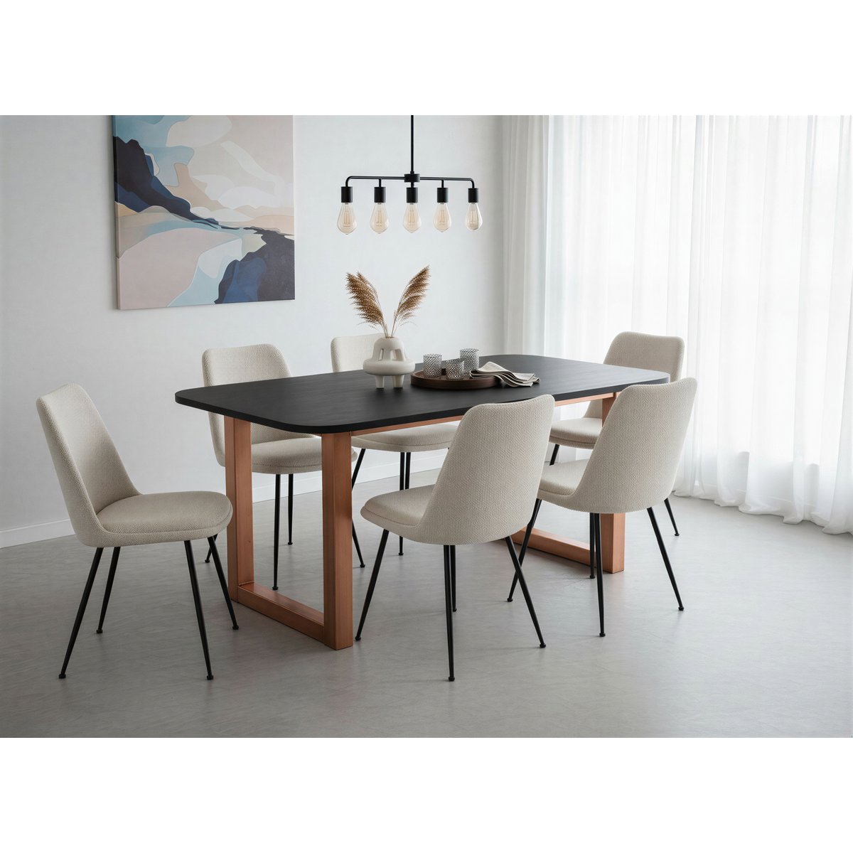 Eettafel 220x100 cm, 30 mm blad mango zwart, stalen frame antiek bruin