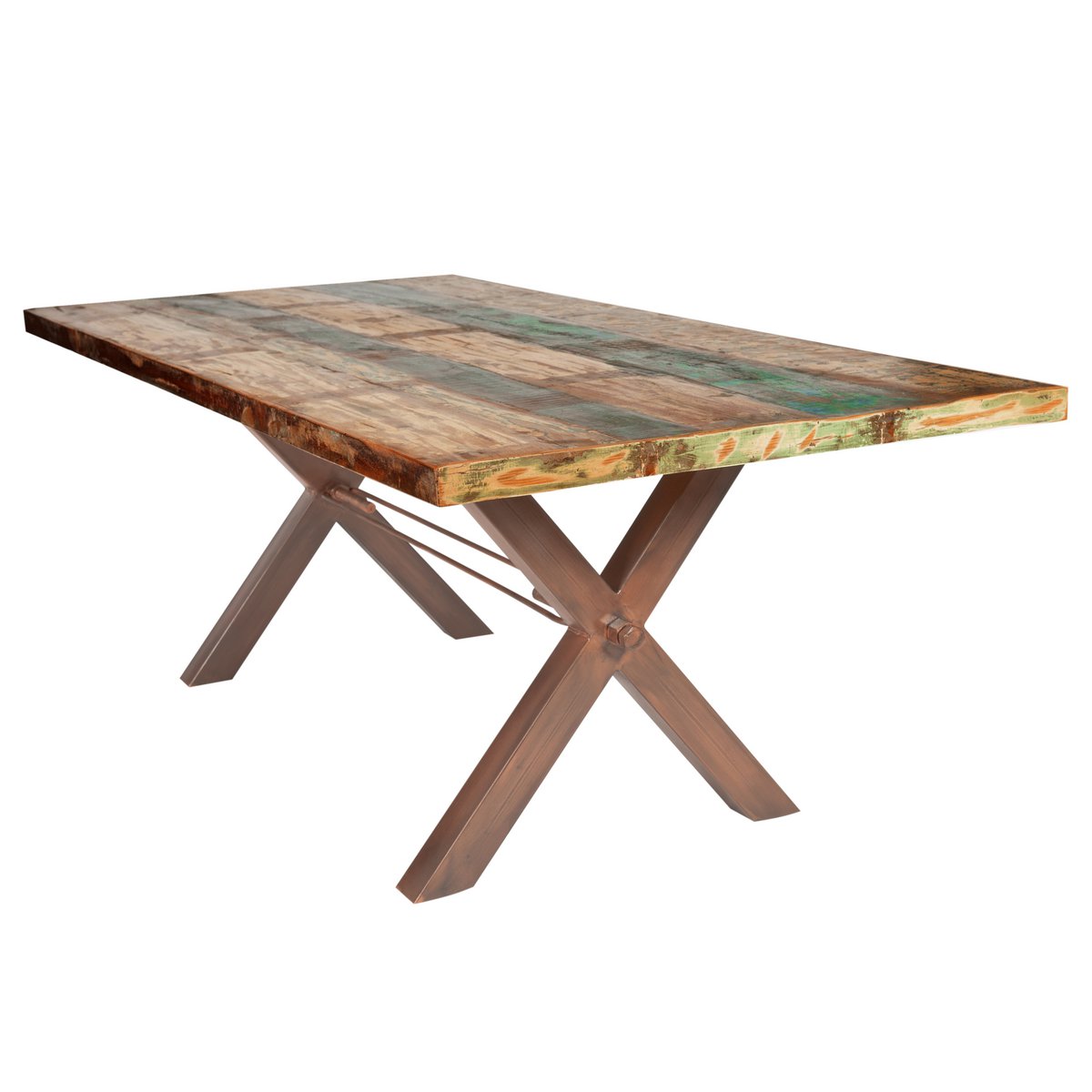 Tafel 220x100 cm, teruggewonnen hout geschilderd in felle kleuren