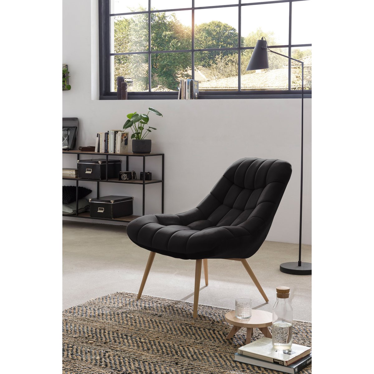 Fauteuil XXL fluweel zwart metaal houtlook