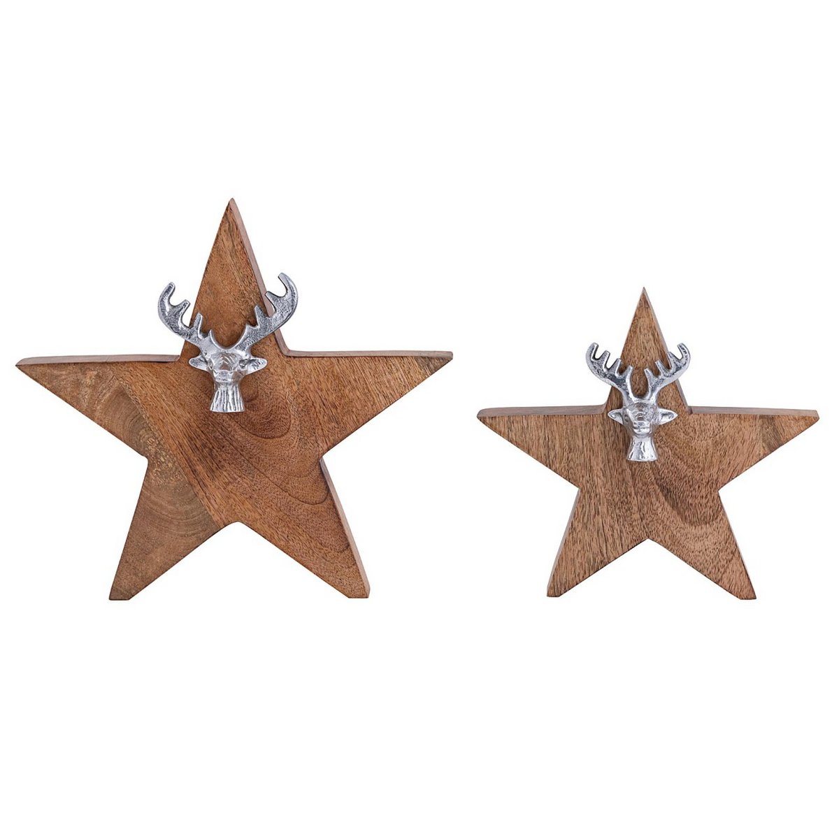Houten figuur ster 2er set met hertenkop maat 25/19 cm master box 10-del display mango hout