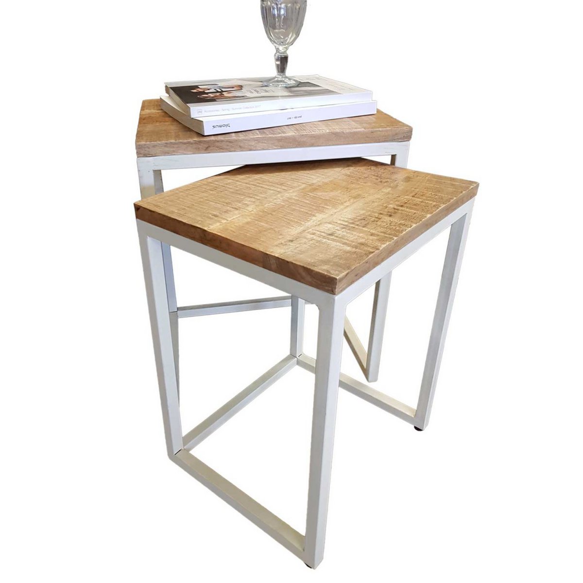 Bijzettafel houten set tafel set 2 stuks woonkamer tafel salontafel dallas metalen frame