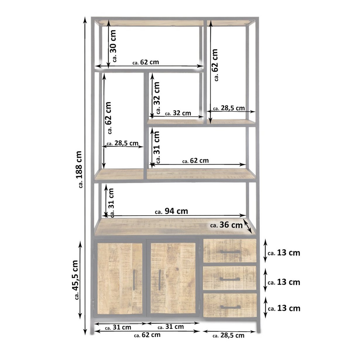 Staande plank boekenkast plank 98x190x36cm Liverpool metalen frame