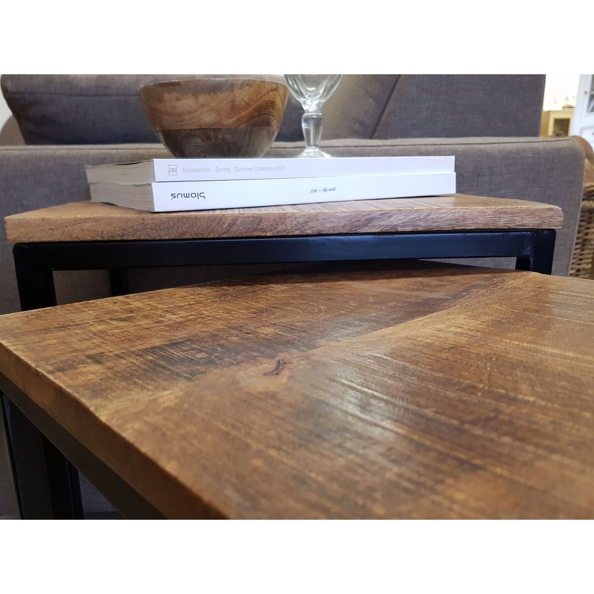 Bijzettafel houten set tafel set 2 stuks woonkamer tafel salontafel dallas metalen frame