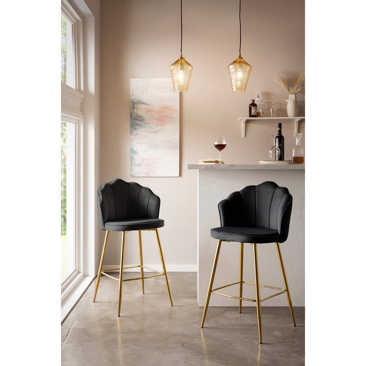 Set van 2 barkrukken met schelpdesign in zwart fluweel