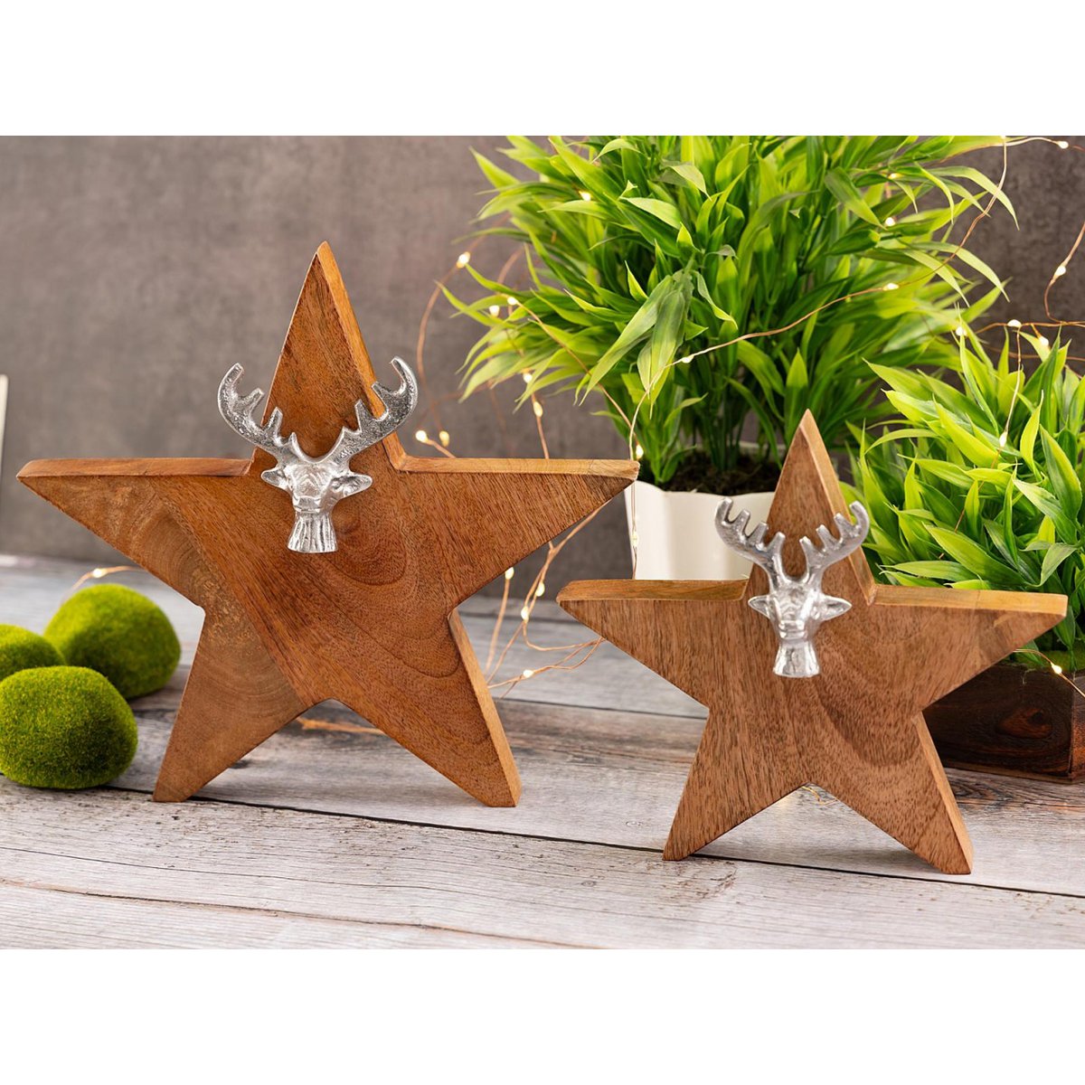 Houten figuur ster 2er set met hertenkop maat 25/19 cm met mango houten aluminium