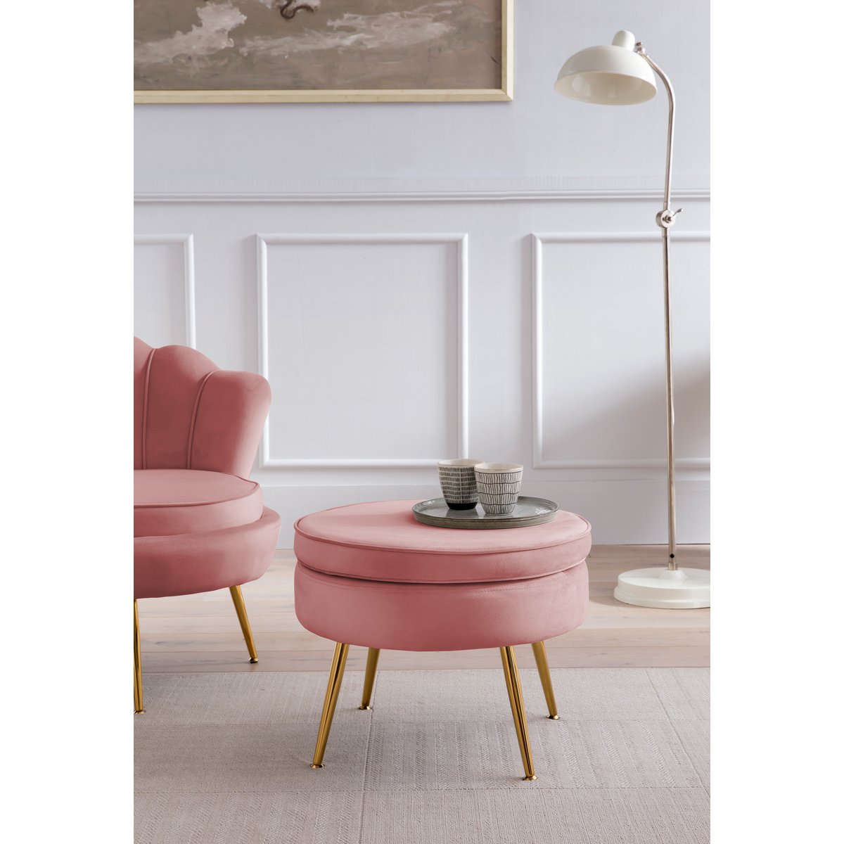 Ronde poef in roze fluweel