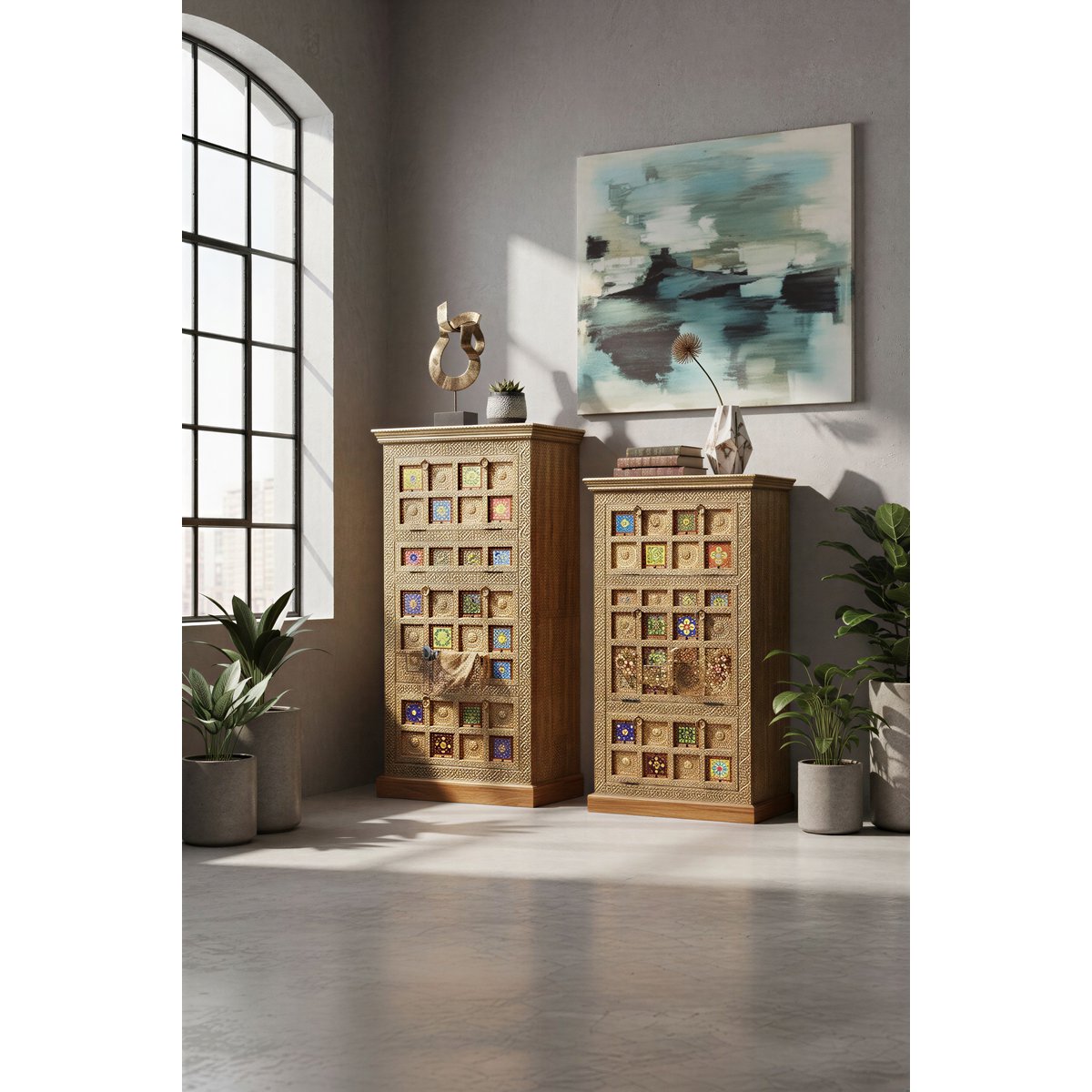 Schoenenkast met 4 kleppen, acacia, metaal, kleurrijk