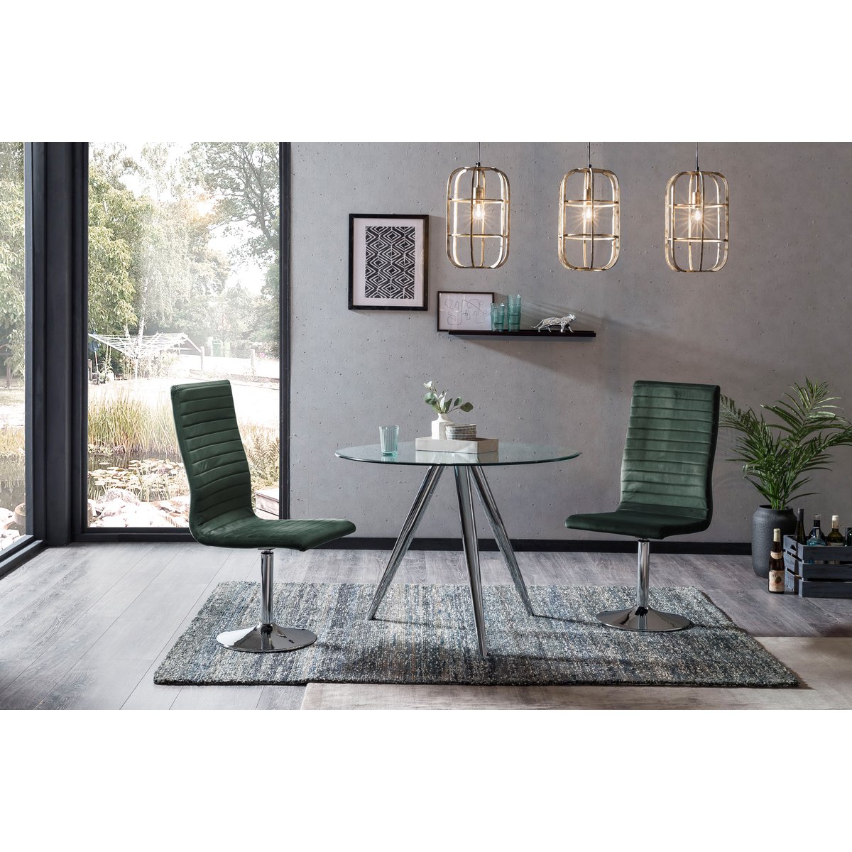 Ronde eettafel met glazen blad en chromen frame Ø100 cm
