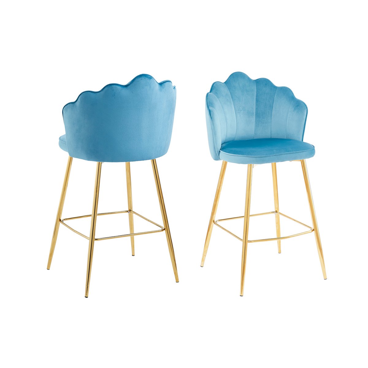 Set van 2 barkrukken met schelpdesign in blauw fluweel
