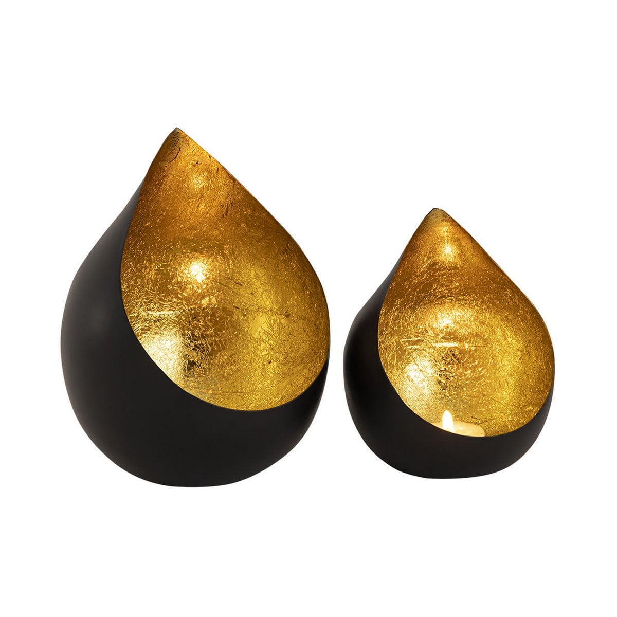 Tealight-houder set 2-delige romy kaarsenhouder drop-vorm zwarte mat vergulde binnenin