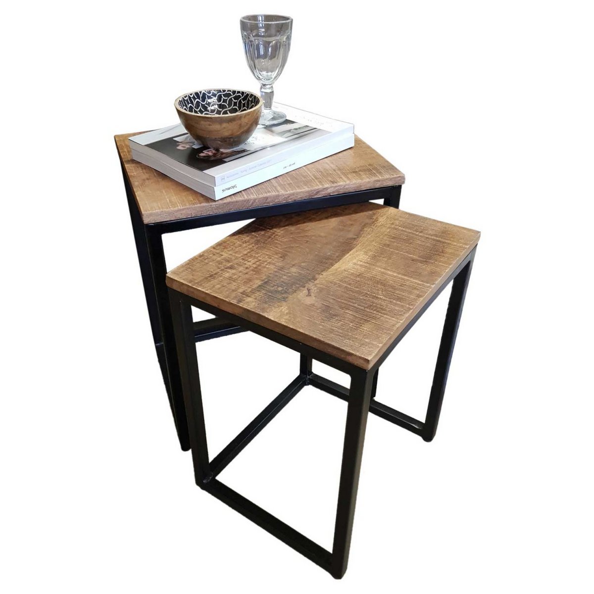 Bijzettafel houten set tafel set 2 stuks woonkamer tafel salontafel dallas metalen frame