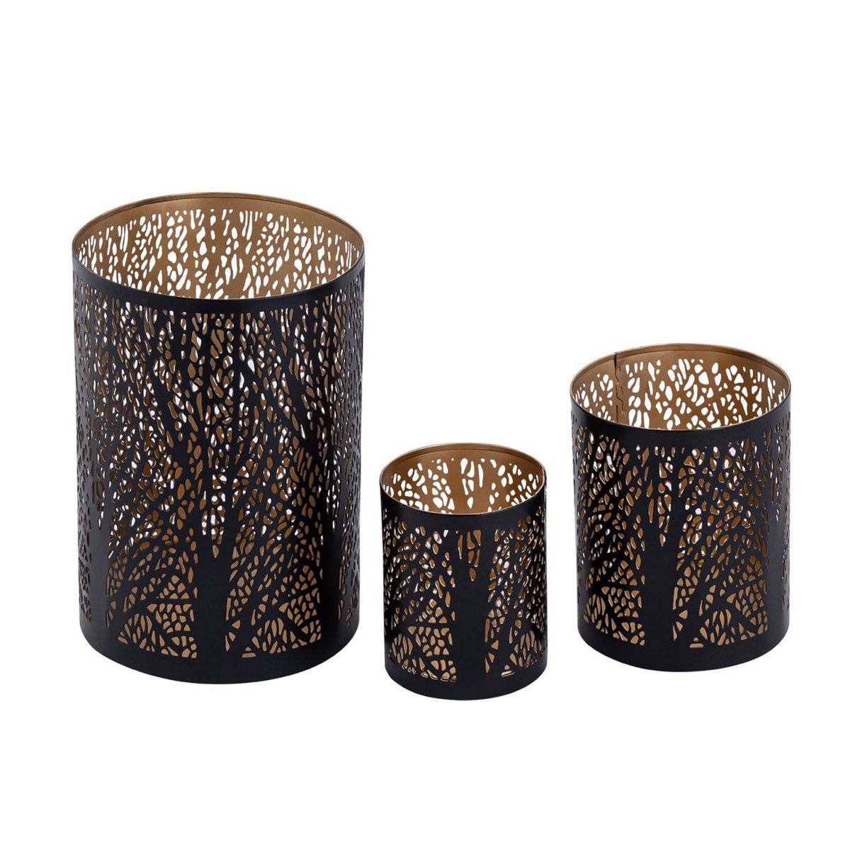 Windlich 3 Set MasterBox 12x 3 -Deel kaarsen Stand Forest Tea Light Holder rond zwart goud