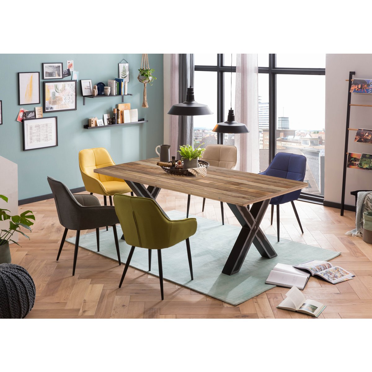 Eettentabel 200 x 100 x 77 cm | Tabel top 43 mm | Mango Nature | X metalen frame antiek zwart