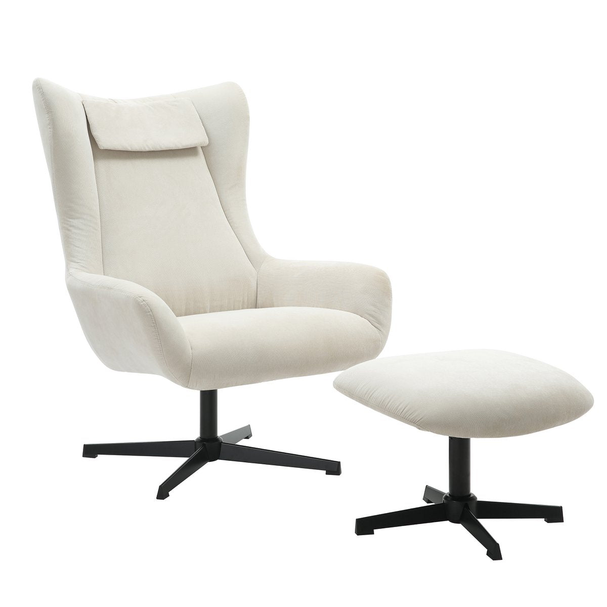 Fauteuil en kruk corduroy look beige