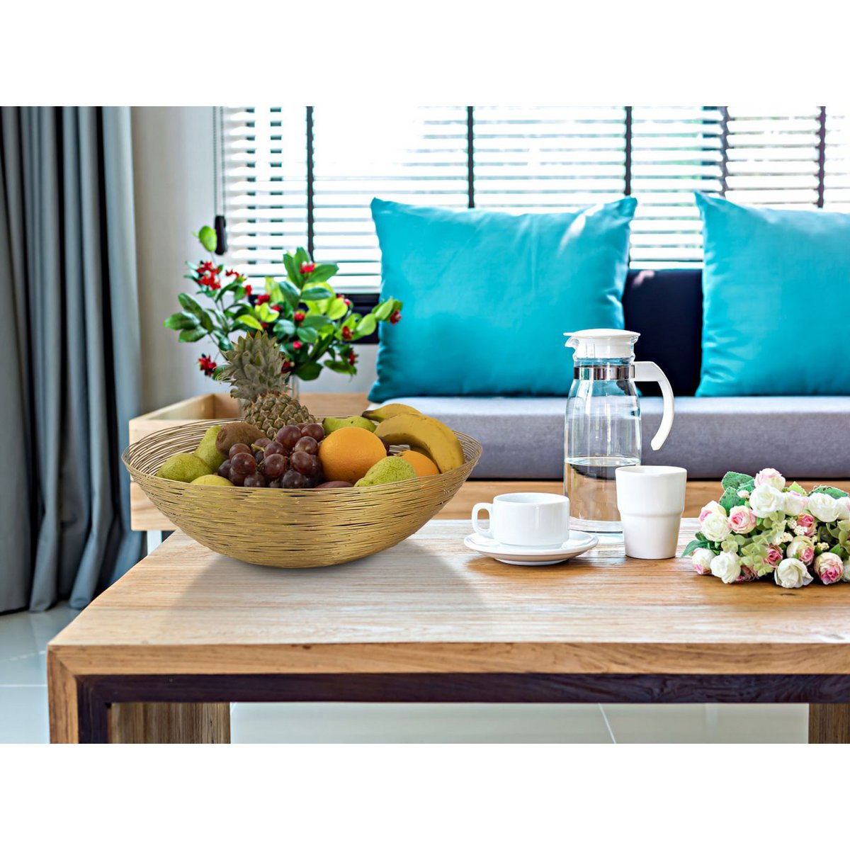 Fruitmand 4-delig metaal ø 40 cm H 11 cm Broodmand fruitschaal rond zilver of goud Vita draadstructuur