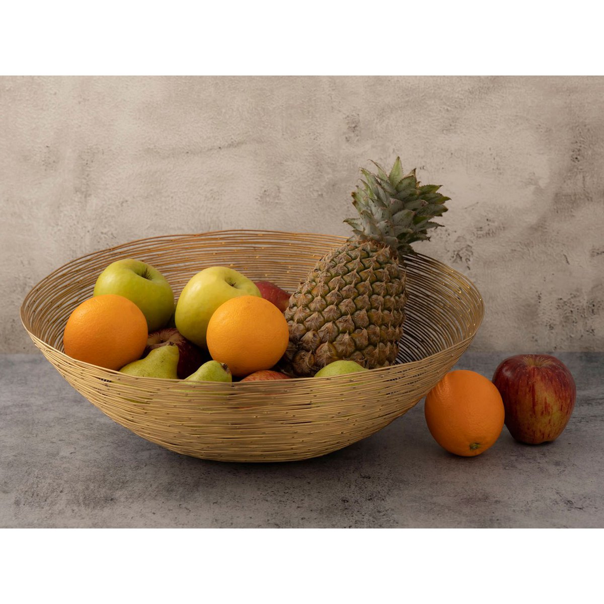 Fruitmand 4-delig metaal ø 40 cm H 11 cm Broodmand fruitschaal rond zilver of goud Vita draadstructuur