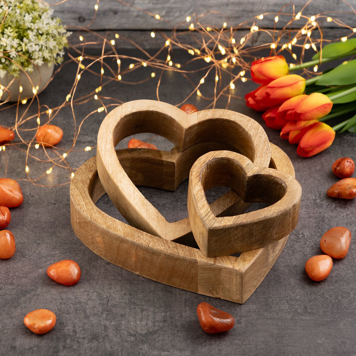 Decofigure Heart 3 Set Wood Figuur 24/18/11 cm bruiloft Decoratie Mango Wood