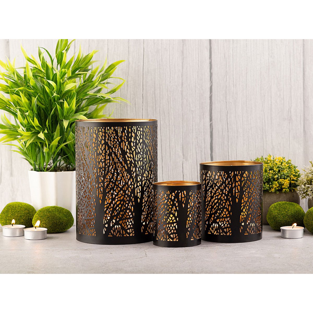 Windlich 3 Set MasterBox 12x 3 -Deel kaarsen Stand Forest Tea Light Holder rond zwart goud