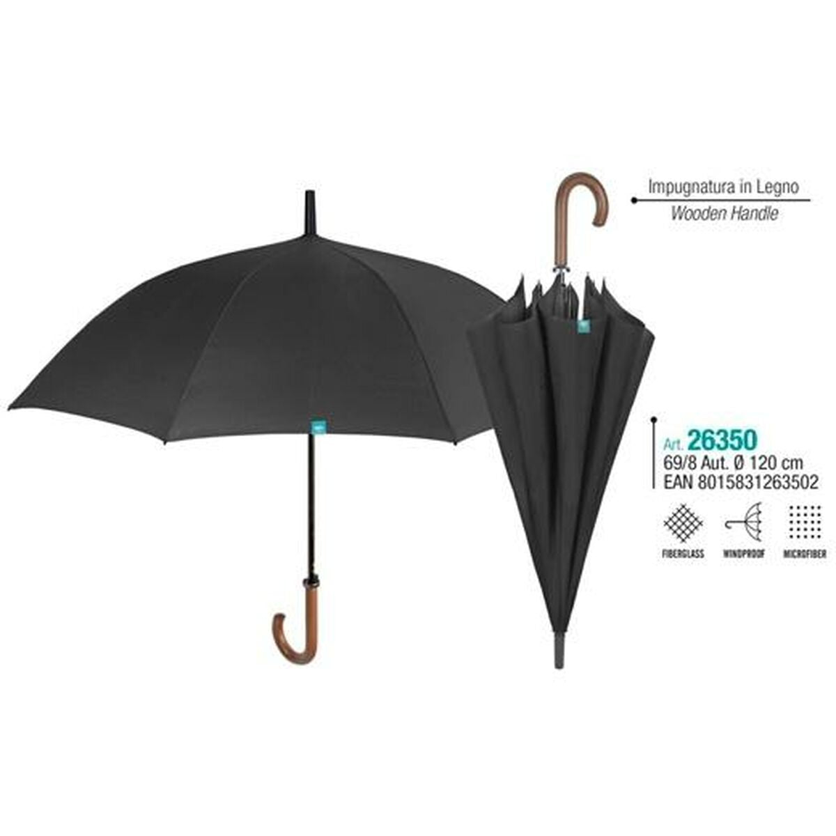 Paraplu Perletti GOLF 69/8 Hout Zwart Microvezel Ø 120 cm