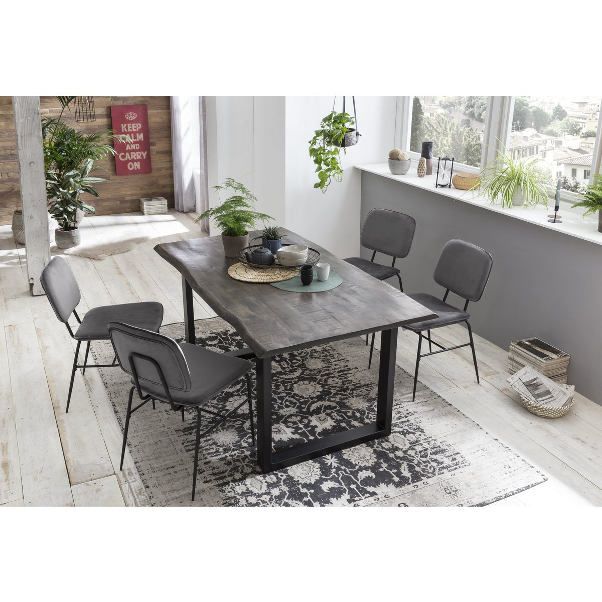 Tafel 160x85 cm, mangogrijs ruwgezaagd, zwart frame