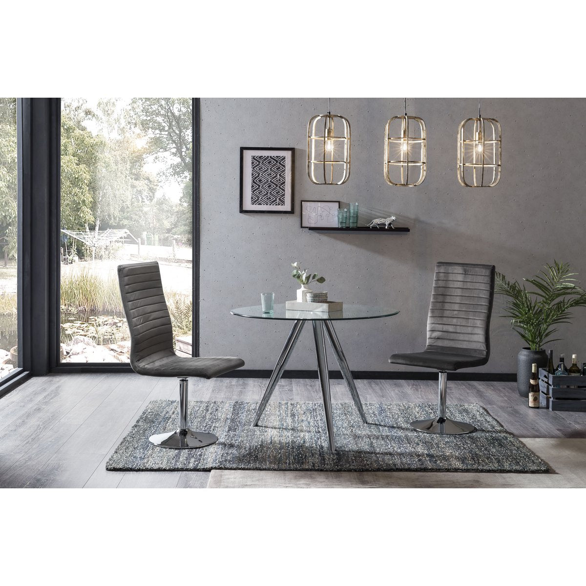 Ronde eettafel met glazen blad en chromen frame Ø100 cm