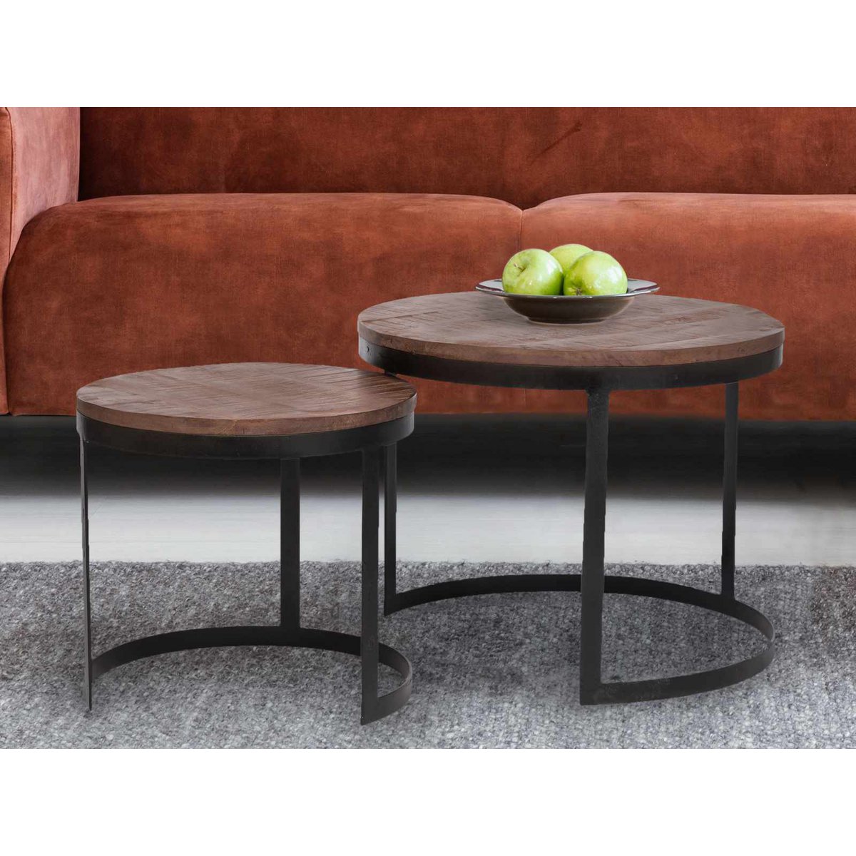 Salontafel set van 2 bijzettafel woonkamertafel rond Austin metalen frame antiek zilver of zwart