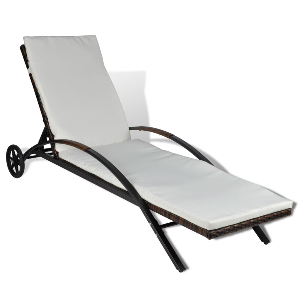 Ligbed met kussen en wieltjes poly rattan bruin