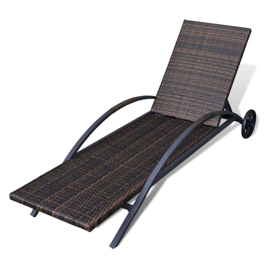 Ligbed met kussen en wieltjes poly rattan bruin