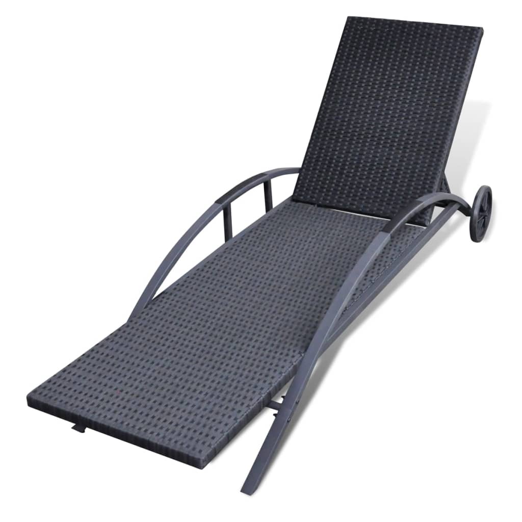 Ligbed met kussen en wieltjes poly rattan zwart