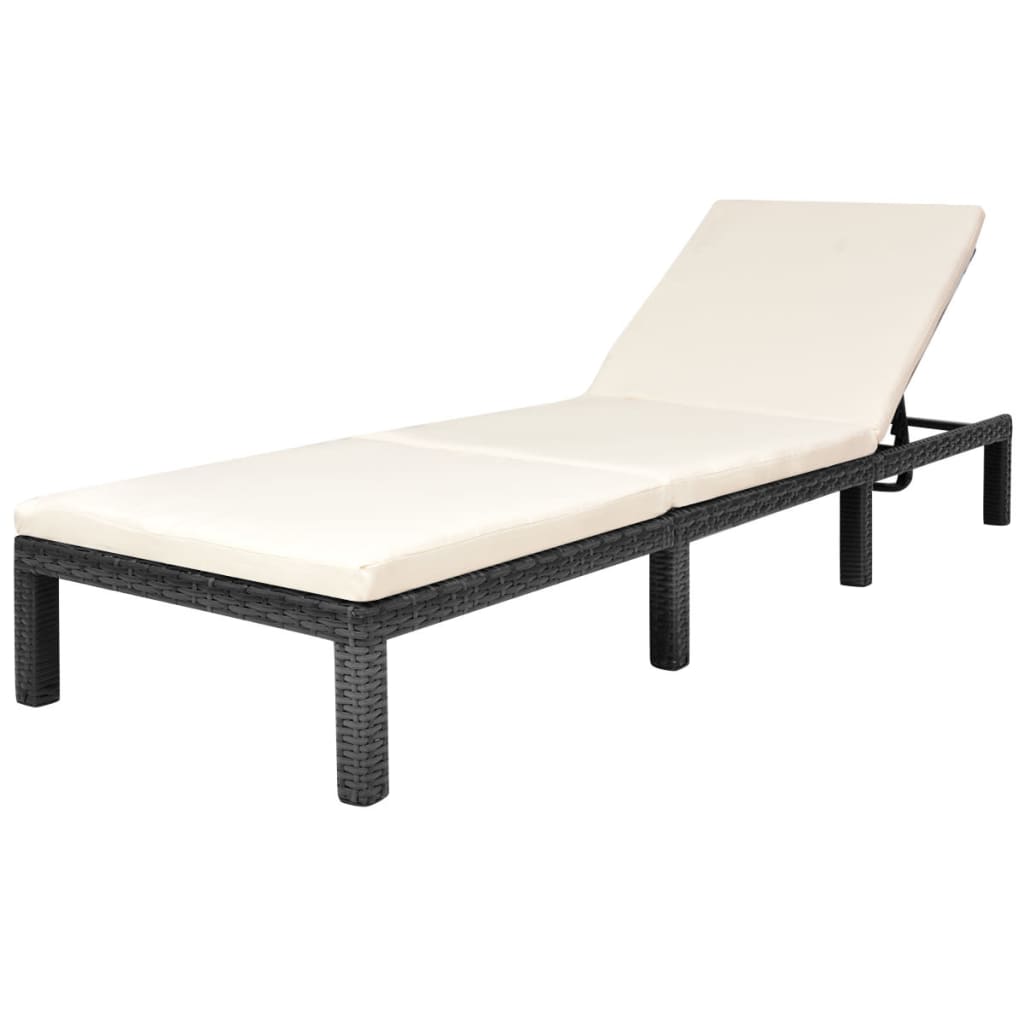 Ligbed met kussen poly rattan zwart