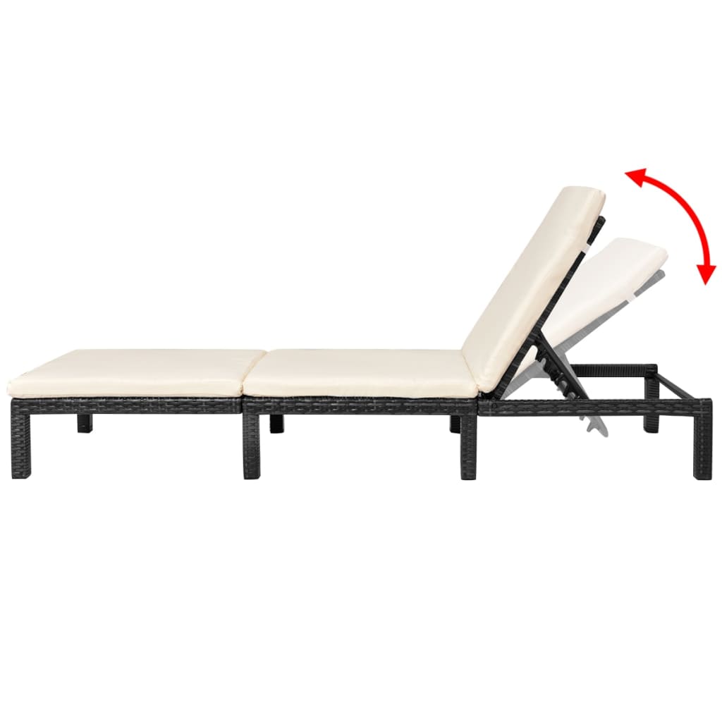 Ligbed met kussen poly rattan zwart