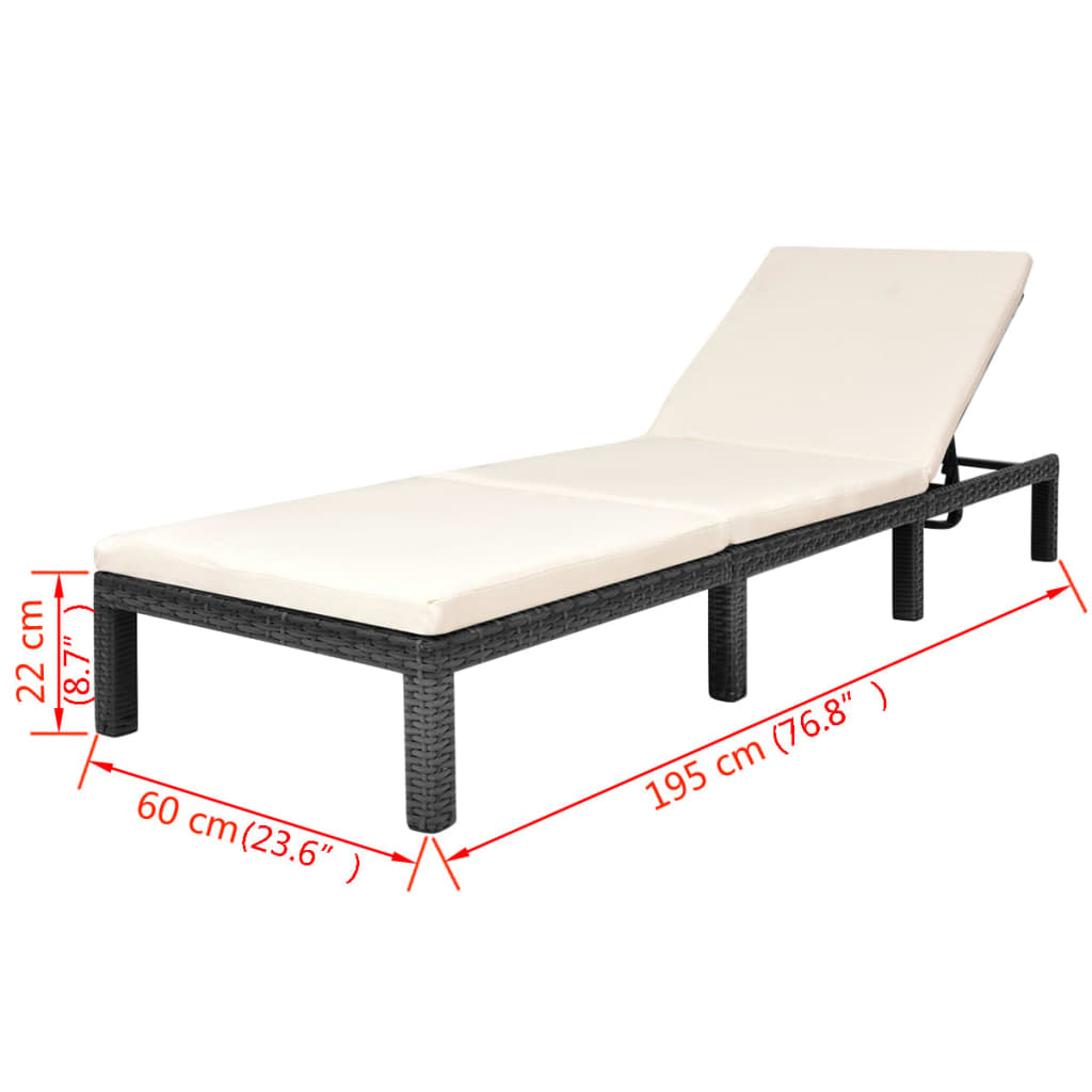 Ligbed met kussen poly rattan zwart