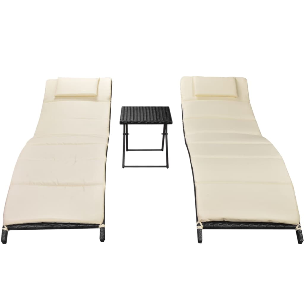Ligbedden inklapbaar 2 st met tafel poly rattan zwart