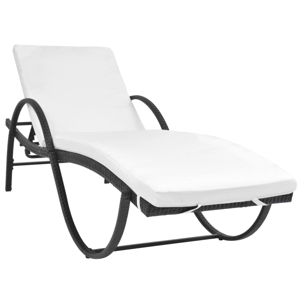 Ligbed met kussen en tafel poly rattan zwart