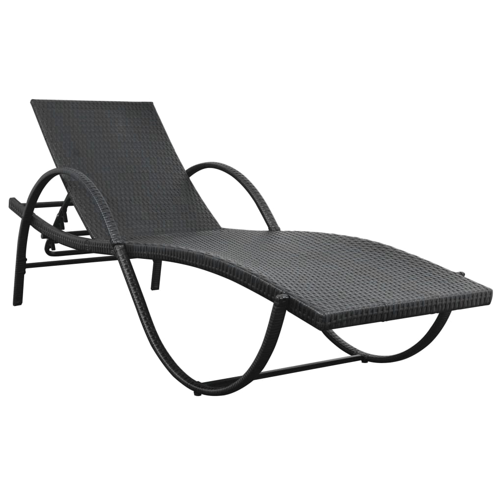 Ligbed met kussen en tafel poly rattan zwart