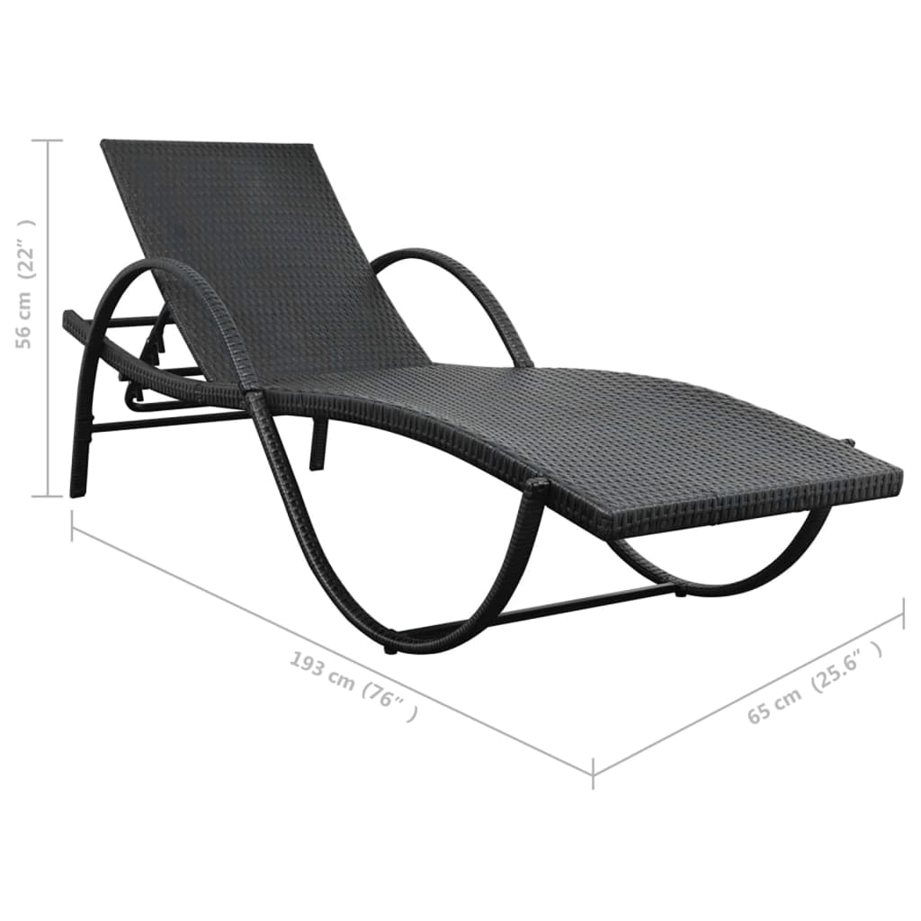 Ligbed met kussen en tafel poly rattan zwart