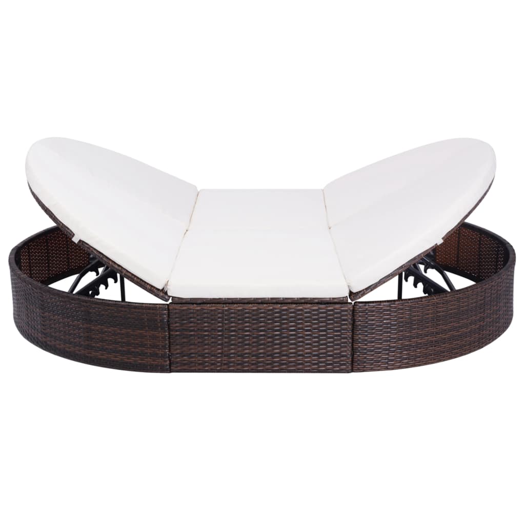 Loungebed met kussen poly rattan bruin