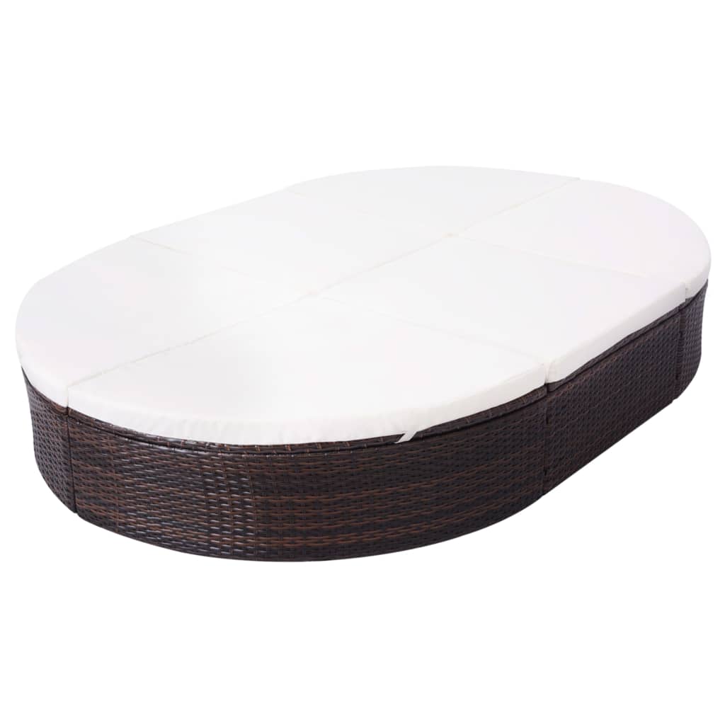 Loungebed met kussen poly rattan bruin
