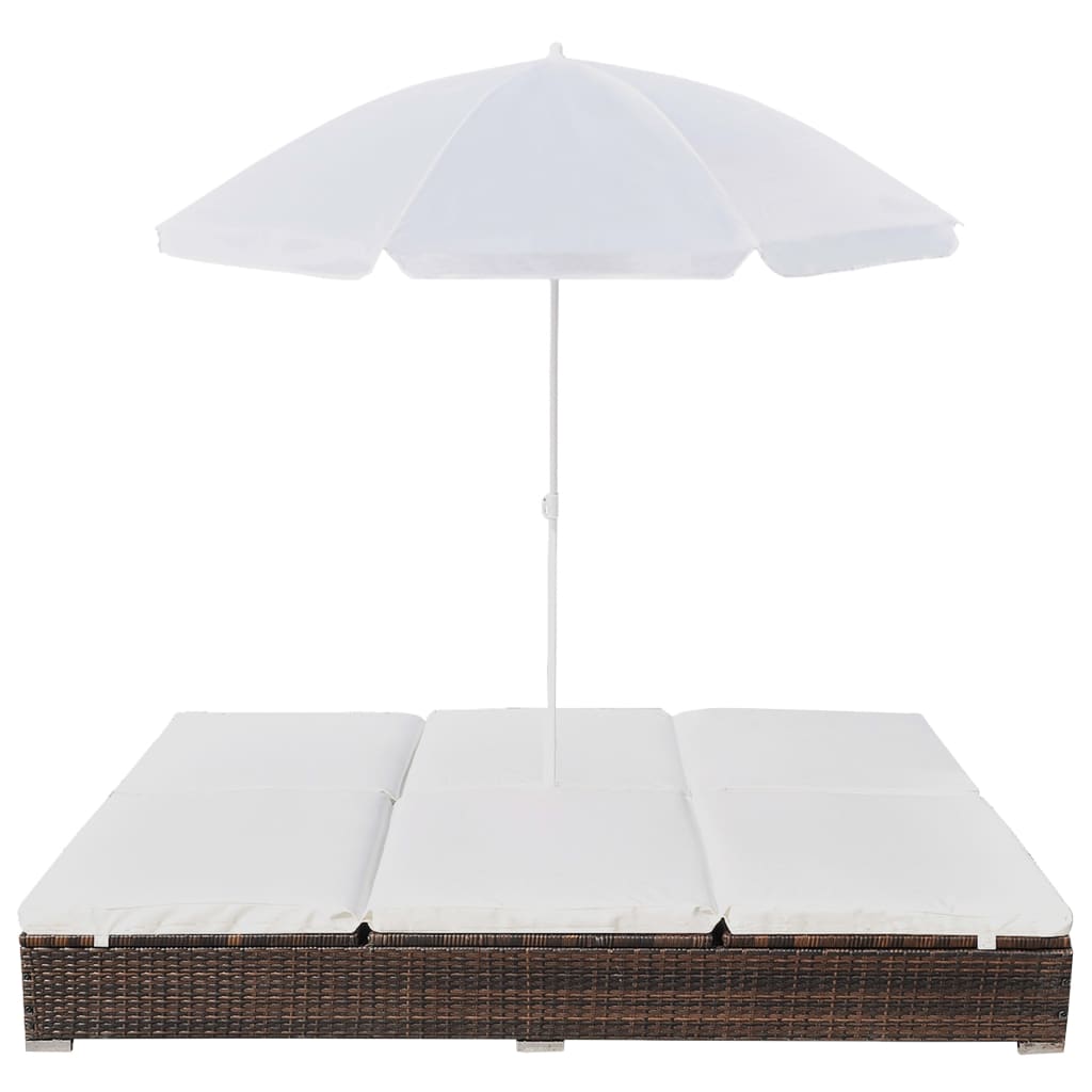 Loungebed met parasol poly rattan bruin