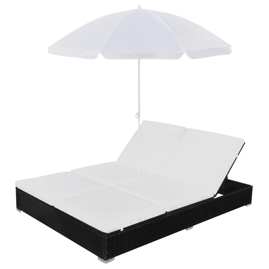 Loungebed met parasol poly rattan zwart