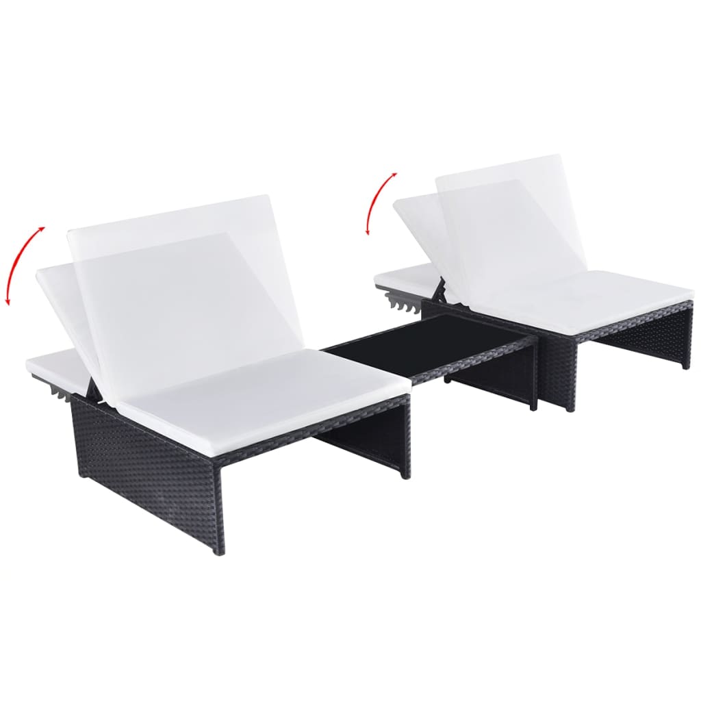 Tuinstoelen 2 st verstelbaar met tafel poly rattan zwart