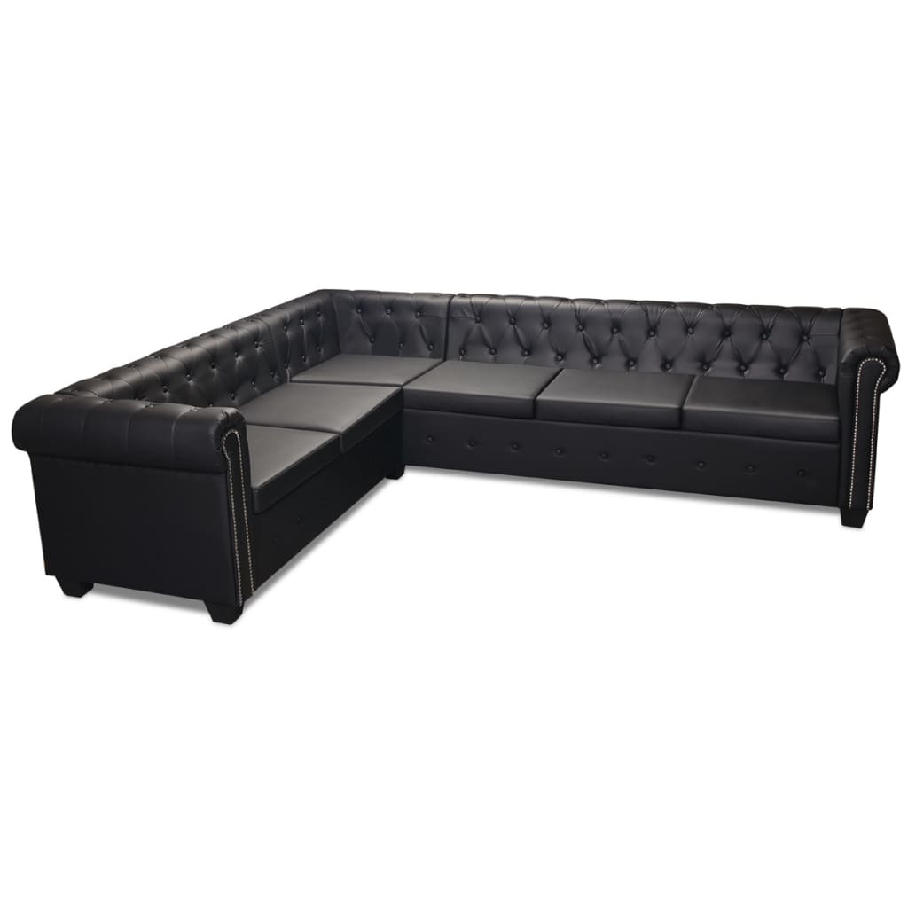 Chesterfield hoekbank 6-zits kunstleer zwart