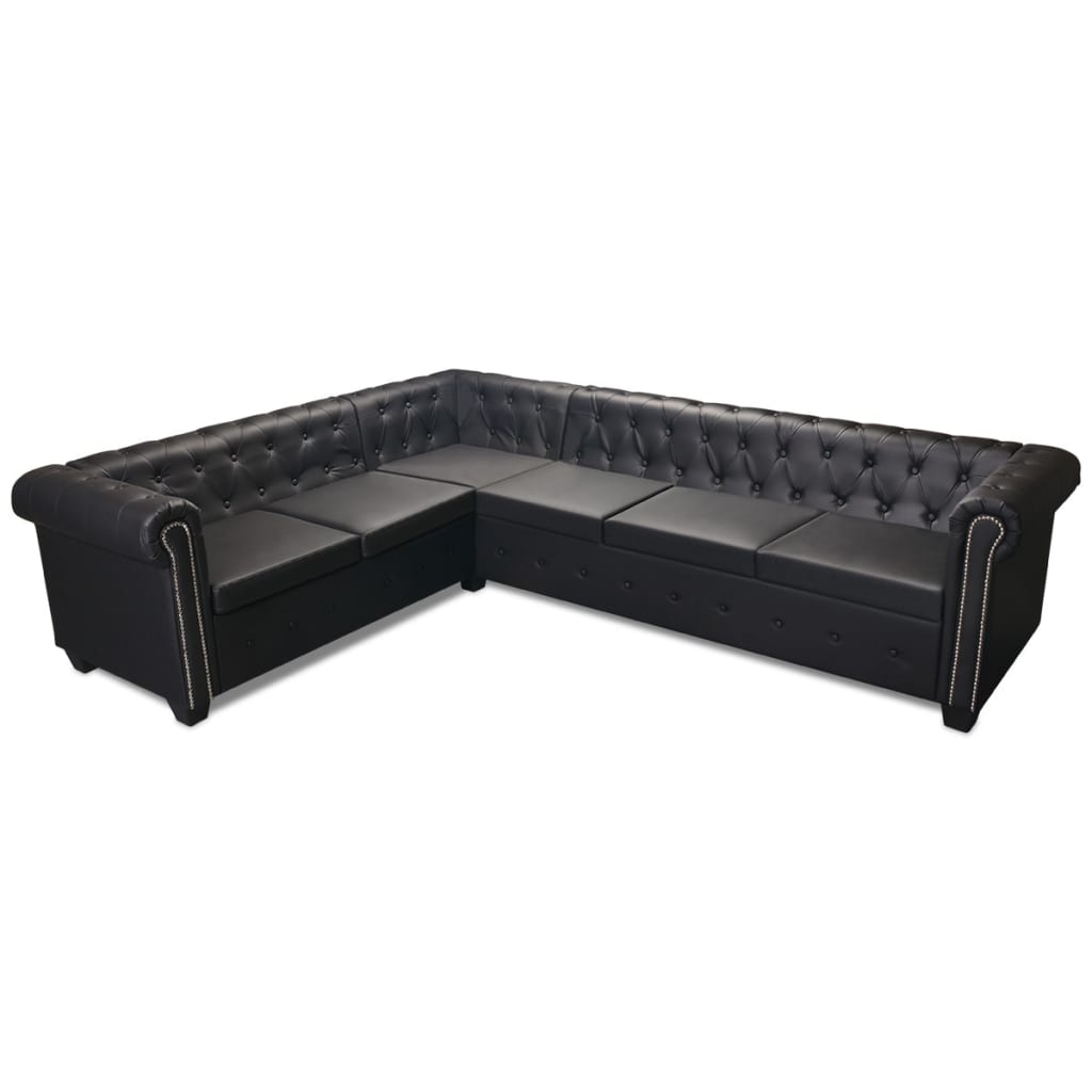 Chesterfield hoekbank 6-zits kunstleer zwart