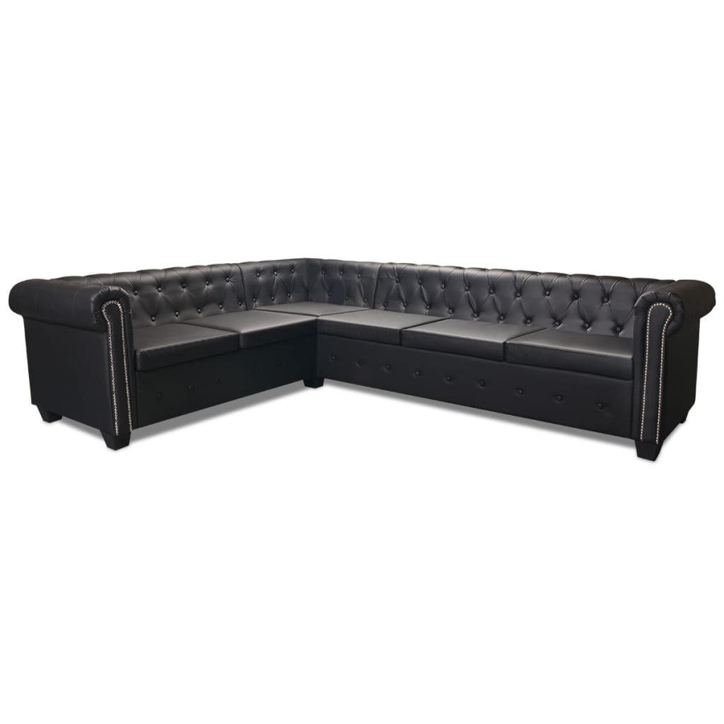 Chesterfield hoekbank 6-zits kunstleer zwart
